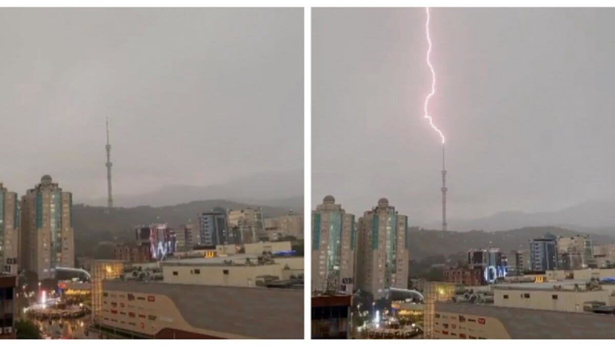 "Красиво, но страшно!" Молния ударила в телебашню на Коктобе в Алматы