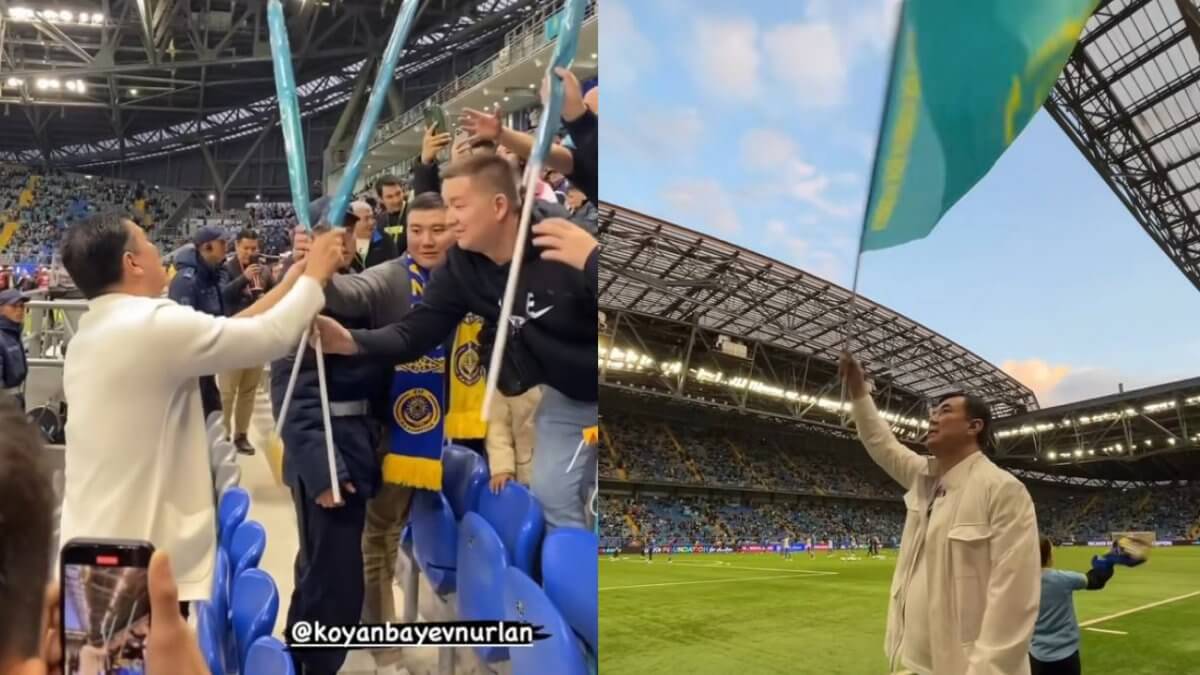 На матче Казахстан-Финляндия Нурлан Коянбаев раздал на стадионе 20 тысяч флагов