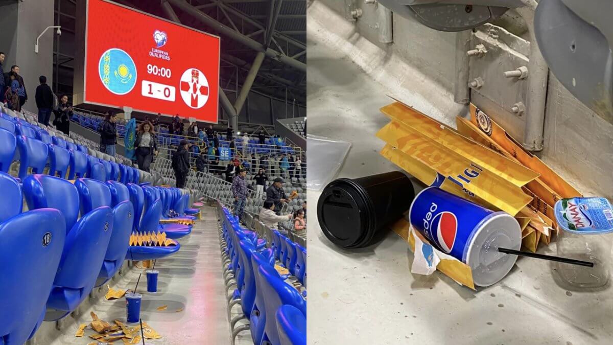 Бескультурье: футбольные фанаты оставили горе мусора на стадионе после матча сборной Казахстана