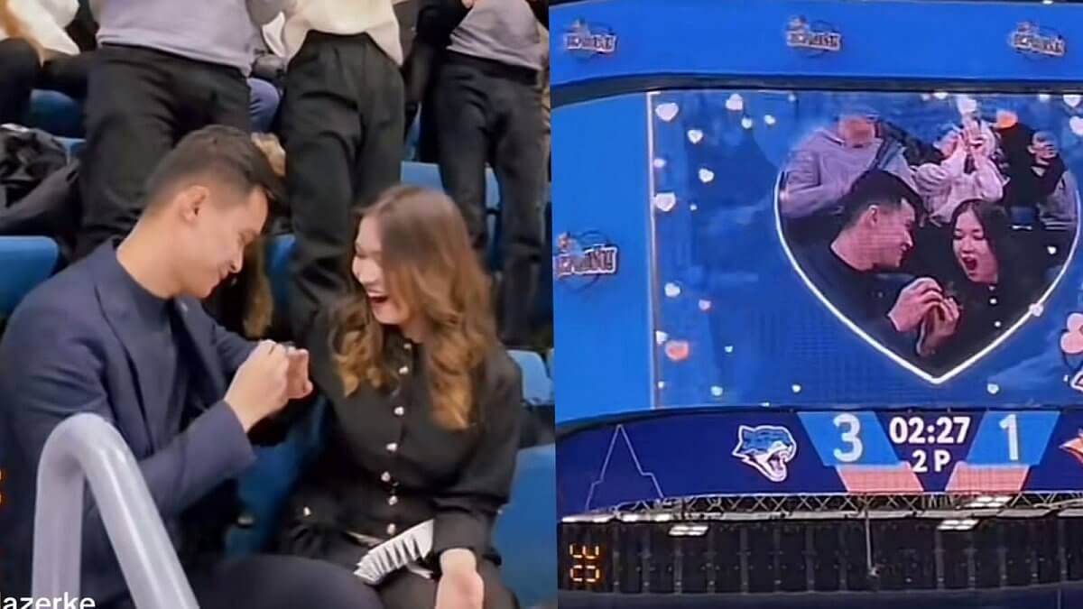 «Хоккей и любовь»: Казахстанец сделал предложение своей девушке прямо на матче