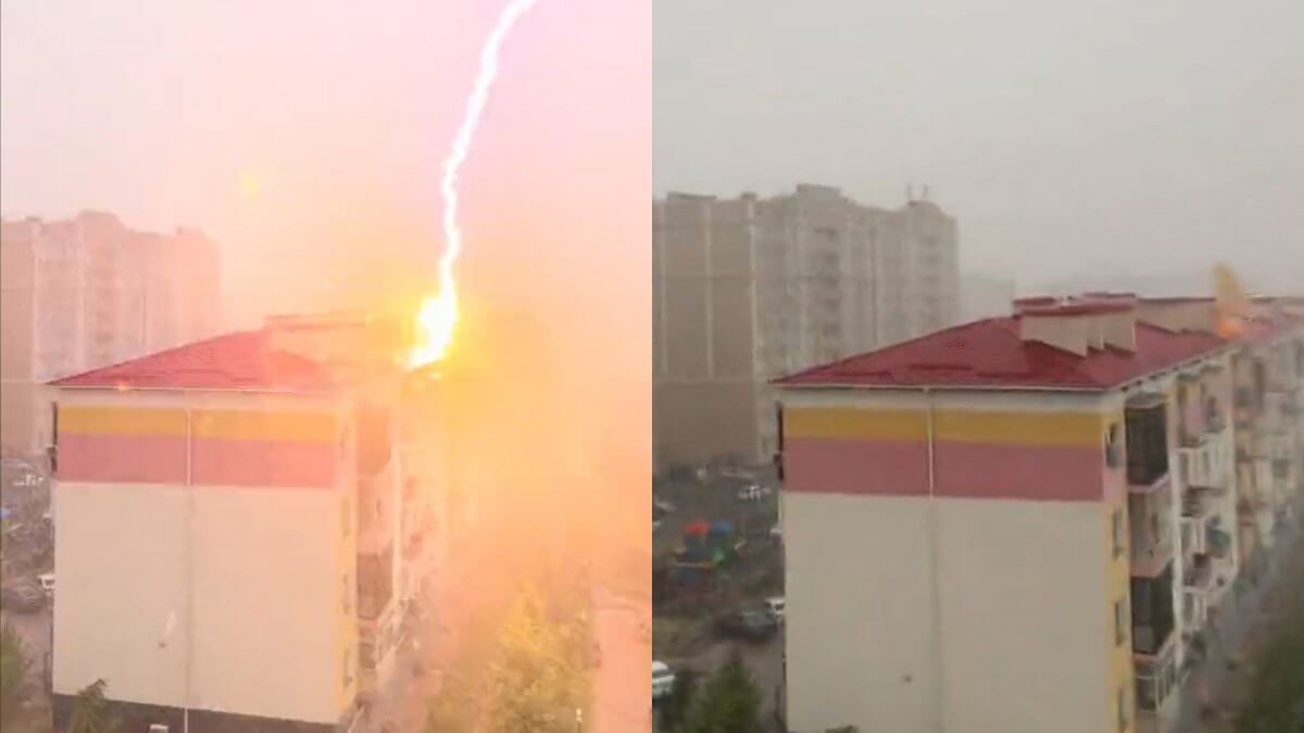 В Шымкенте засняли удар сильной молнии по жилому дому