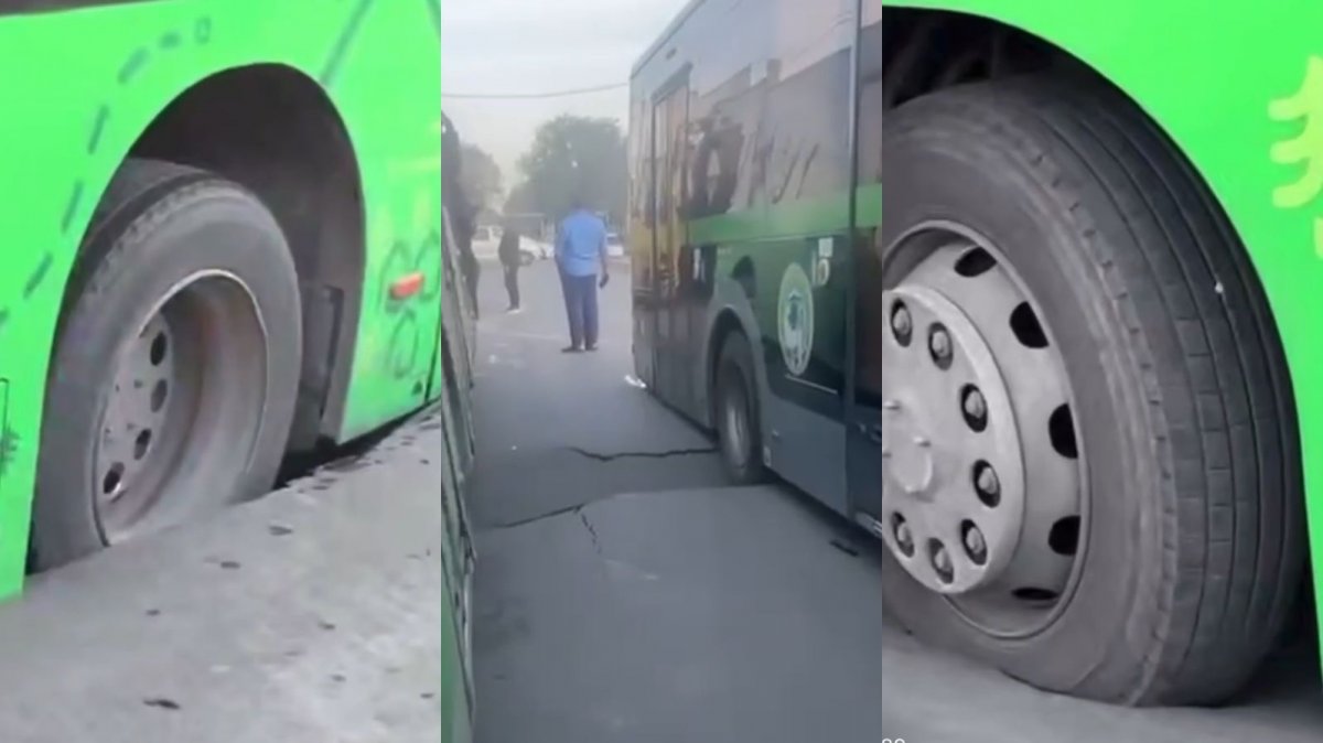 В Алматы на улице Яссауи провалился новый асфальт: застряли пассажирские автобусы