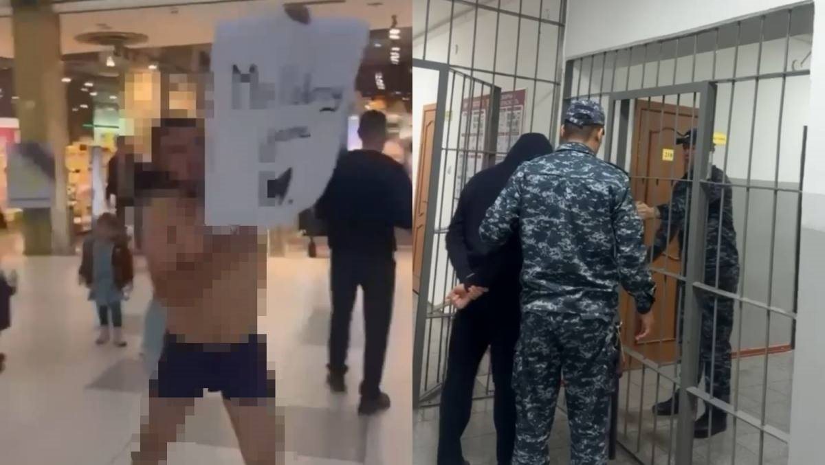 Полуобнаженный мужчина с плакатом в руках бегал по торговому центру в Астане